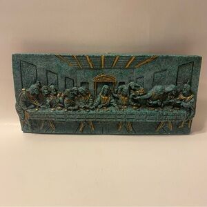 Vintage Mexican Crushed Malachite Gold Accent “The Last Supper" Wall Plaque 1995